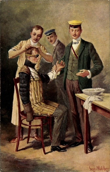 Studentika Artist Postcard Mühlberg, Georg, Rejection after the Mensur