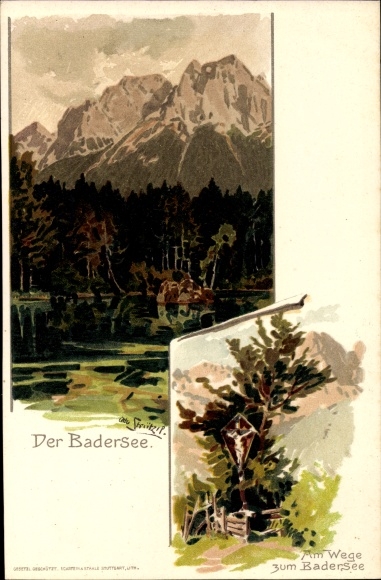Artist Chromo-Litho Stützel, Otto, Grainau in the district of Garmisch Partenkirchen, view of the Badersee, way