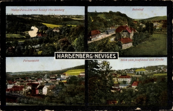 Postcard Hardenberg Neviges Velbert North Rhine Westphalia, train station, distant view, Josefshaus, church, castle