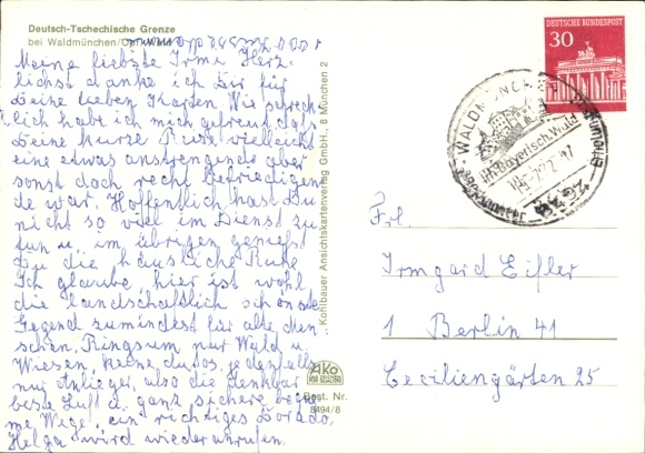 Postcard Waldmünchen, German Czech border, barrier