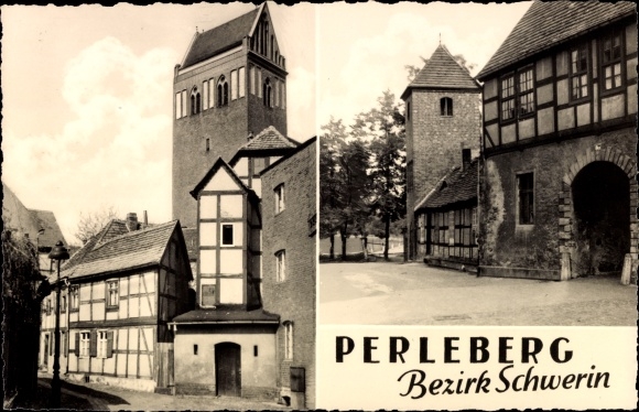 Postcard Perleberg in the Prignitz, half-timbered houses, towers, city wall