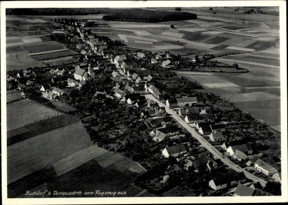Postcard Buchdorf near Donauwörth Swabia, aerial view of Buchdorf, agricultural fields, residential