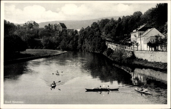 Postcard Bad Nassau on the Lahn, general view, river, rowing boats