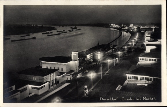Postcard Düsseldorf Niederrhein, Gesolei at night, view of the Rhine