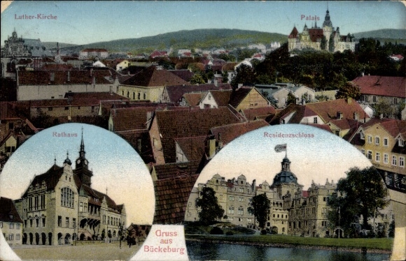 Postcard Bückeburg in the district of Schaumburg, panorama with palace and Luther Church, town hall, residential castle