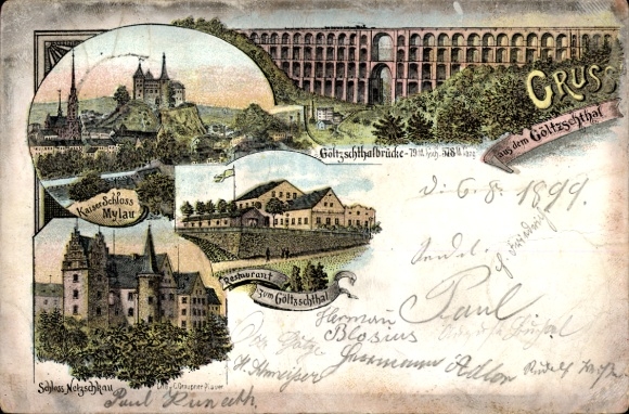 Litho Mylau Reichenbach im Vogtland, Göltzschtalbrücke, Schloss Netzschkau, Restaurant