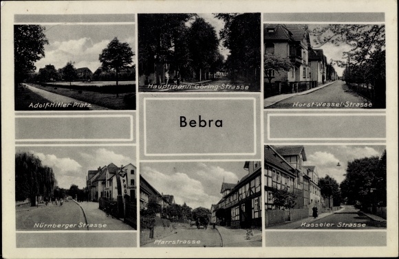 Postcard Bebra on the Fulda in Hesse, Nürnberger Strasse, Kasseler Strasse, Pfarrstrasse