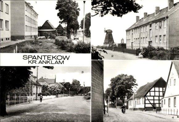 Postcard Spantekow in Mecklenburg Vorpommern, Thomas Müntzer Straße, Mühle, Burgstraße, Mühlenstraße
