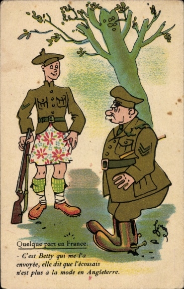 Künstler Ak Gespräch zweier Soldaten, Mann ohne Hose, Gewehr
