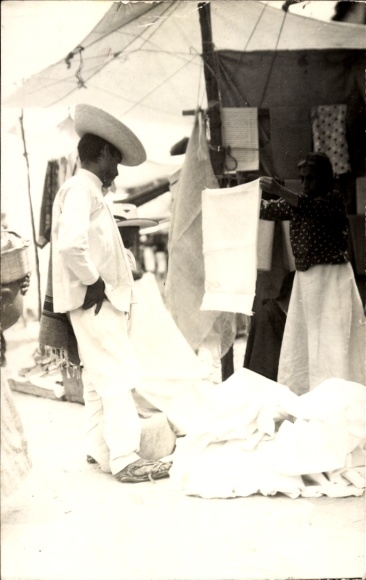 Photo Postcard South America? Market scene, saleswoman, fabrics