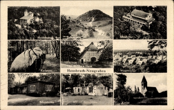 Postcard Hamburg Harburg Hausbruch Neugraben, Falkenberg, Heideburg, church, Karlstein, Sennhütte