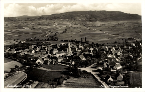 Postcard Seinsheim in Lower Franconia, aerial photograph of Seinsheim, rural landscape, church in the background