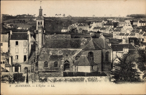 Postcard Audierne Finistère, view of the church, cityscape, black and white photography