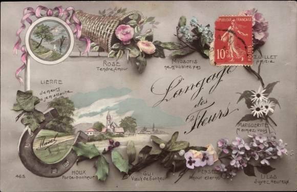 Postcard Flower Language, Blumensprache, Hufeisen, Soft Pink Love, Lilac Be Happy