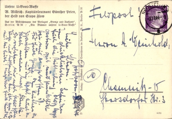Artist Postcard Willrich, Wolfgang, Lieutenant Commander Günther Prien, Knight's Cross recipient, VDA 1 5 2