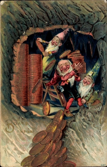 Embossed Postcard Happy New Year, Dwarves in the Mine, Coins