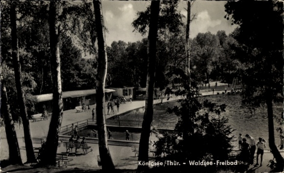 Postcard Königsee in Thuringia, Waldsee outdoor pool, trees, people at the water