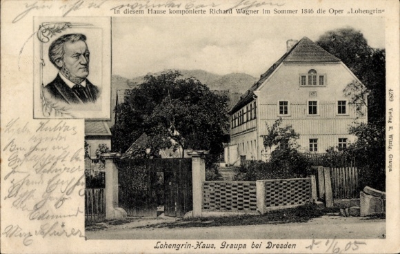 Ak Graupa Pirna in Sachsen, Lohengrinhaus, Komponist Richard Wagner