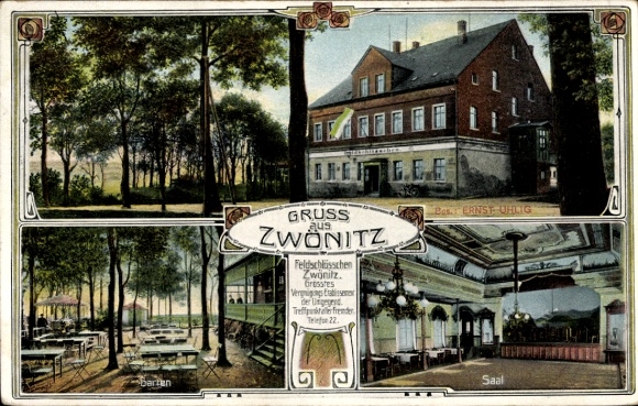 PC Zwönitz in the Ore Mountains Saxony, front shows Barten, hall, Feldschlösschen, GREETINGS FROM ZWON