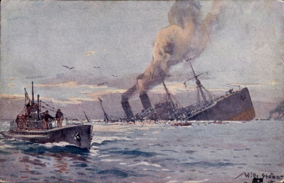 Künstler Ak Stöwer, Willy, Deutsches U Boot, Versenkung eines Truppentransportdampfers