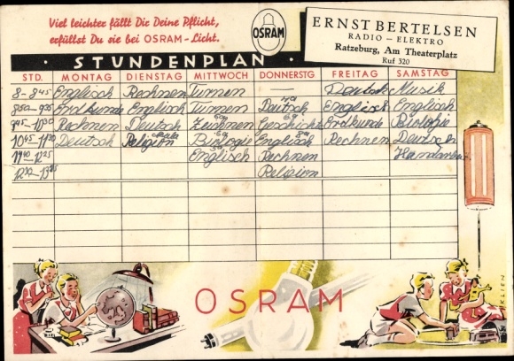 Rozkład jazdy lamp OSRAM, Ernst Bertelsen Radio-Elektro, Ratzeburg ok. 1950 r.