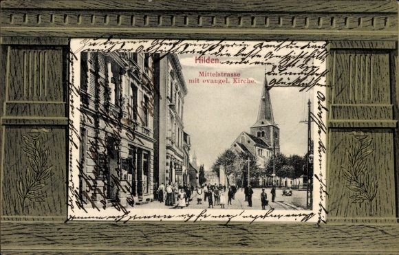 Passepartout Ak Hilden im Rheinland, Mittelstraße, evgl. Kirche