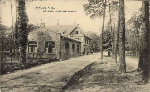 Postcard Dölauer Heide Halle an der Saale, Dölauer Heide, Waldkater, building with corridor, street, trees
