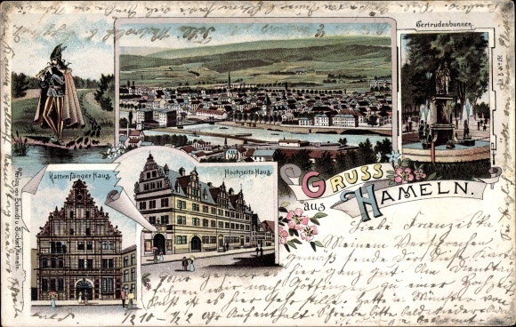 litho Hamelen in Nedersaksen, rattenvanger, trouwhuis, Gertrudenbrunnen