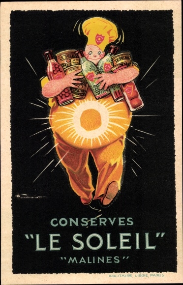 Ak Reklame, Conserves Le Soleil, Malines, Dicker Mann mit Konserven