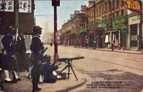 Postcard Ready to sweep out plain clothes soldiers, north Szechuan, Sino-Japanese War