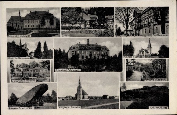 Postcard Schmeckwitz Oberlausitz, Evangelical Church, Malteserstift Röckelwitz, Bad Heil, St Marienstern Monastery,