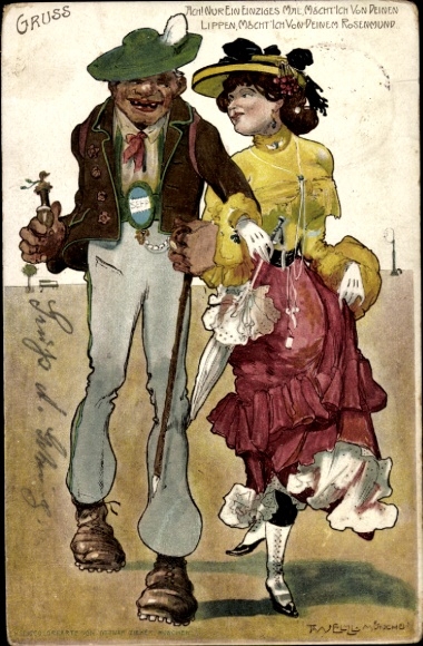 Postcard Ach Burghausen an der Salzach Upper Bavaria, man and woman in traditional costume holding hands...