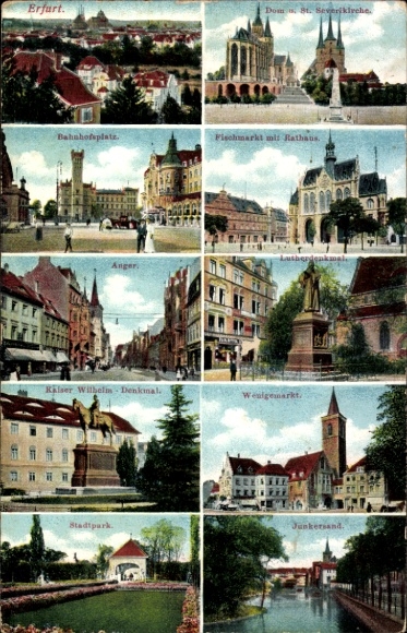 Postcard Erfurt in Thuringia, Cathedral, St. Severi Church, Station Square, Fish Market, Luther Monument, City Park