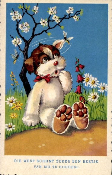 Postcard Humanized animals, dog and two bees, flowering tree