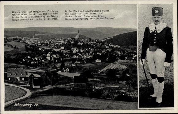 PC Schneeberg in the Ore Mountains, view of the village and surroundings, miner in parade uniform