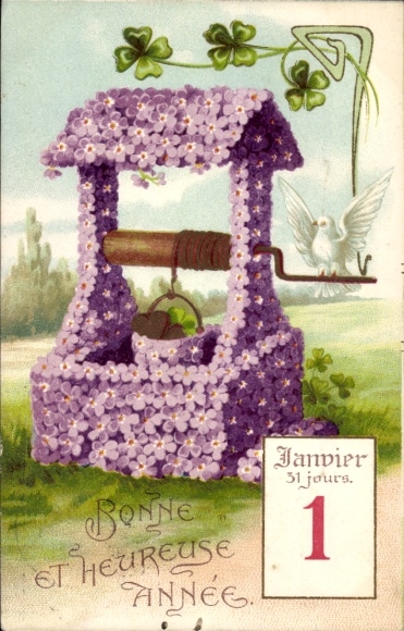 Postcard Happy New Year, fountain of flowers, calendar, dove