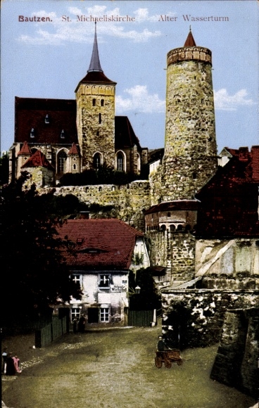 Postcard Bautzen in Lusatia, St. Michaelis Church, Old Water Tower, Pub
