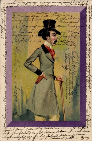 Artist Postcard Man in frock coat with top hat, walking stick