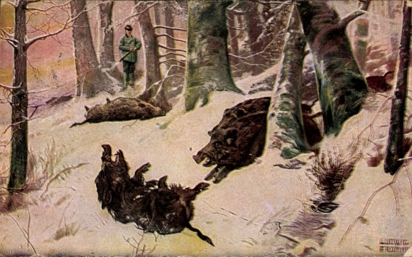Artist PC Fromme Ludwig, hunter, wild boar, snow, wild boar hunt