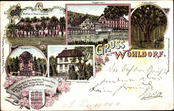 litho Hamburg Wandsbek Wohldorf, mausoleum, landhuis, Hotel zum Waldhaus