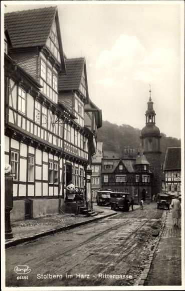 Postcard Stolberg in the Harz Mountains, historical buildings, Rittergasse, black and white photo, city view