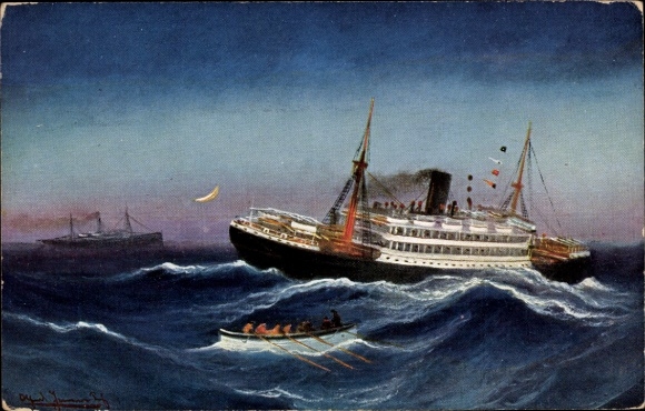 Artist Postcard steamship on the high seas, lifeboat, propeller shaft broken