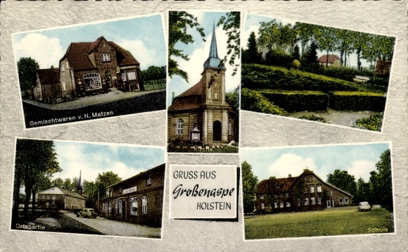 Postcard Großenaspe in Holstein, church, school, memorial, shop Matzen