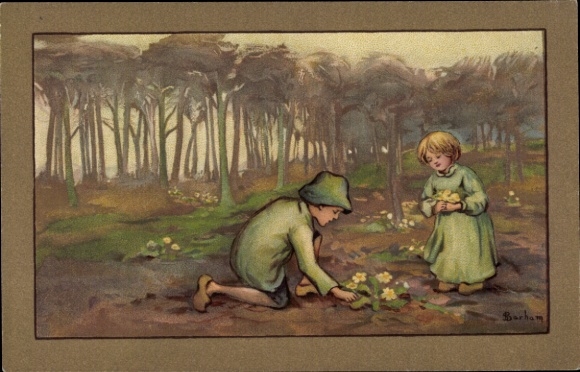 Artist Postcard Barham, S., Children picking flowers, forest