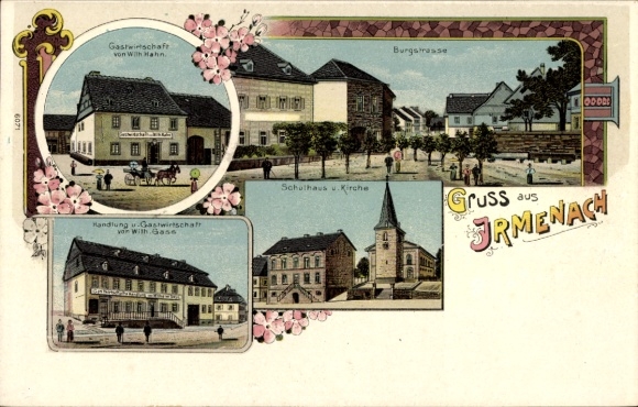 Litho Irmenach im Hunsrück, Gastwirtschaft Wilh. Hahn, Wilh. Gass, Burgstraße, Schule, Kirche