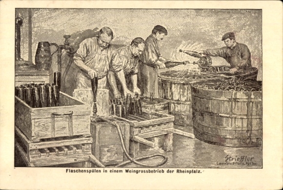 Artist Postcard Strieffler, bottle rinsing in a large winery in the Rheinpfalz, Palatinate wines
