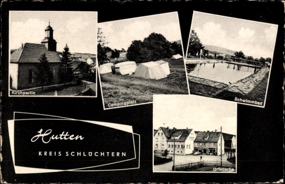 Postcard Hutten Schlüchtern in Hesse, church, campsite, swimming pool, village