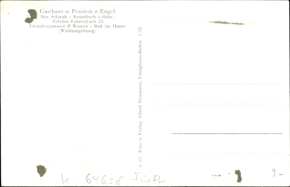 Postcard Krumbach Fürth in the Odenwald Hesse, inn and guesthouse to the angel, Bes. Schwab