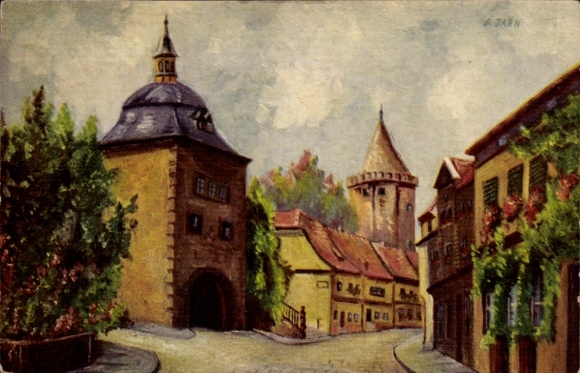 Artist Postcard Jahn, E., Mühlhausen in Thuringia, Degi 1461, street panorama, tower, impressionism
