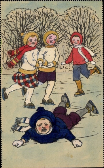 Artist Postcard Children skating, fall